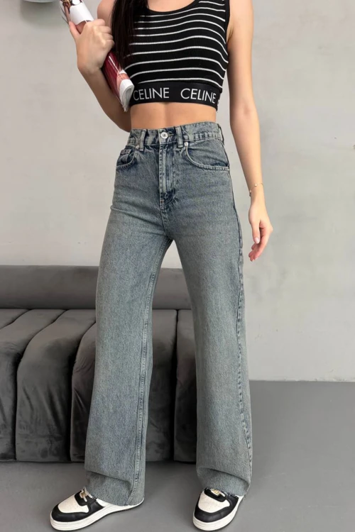 Antrasit Yüksek Bel Paçası Lazer Kesimli Palazzo Jean Pantolon BCNW-251424