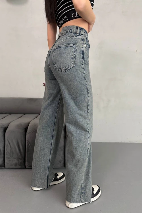 Antrasit Yüksek Bel Paçası Lazer Kesimli Palazzo Jean Pantolon BCNW-251424