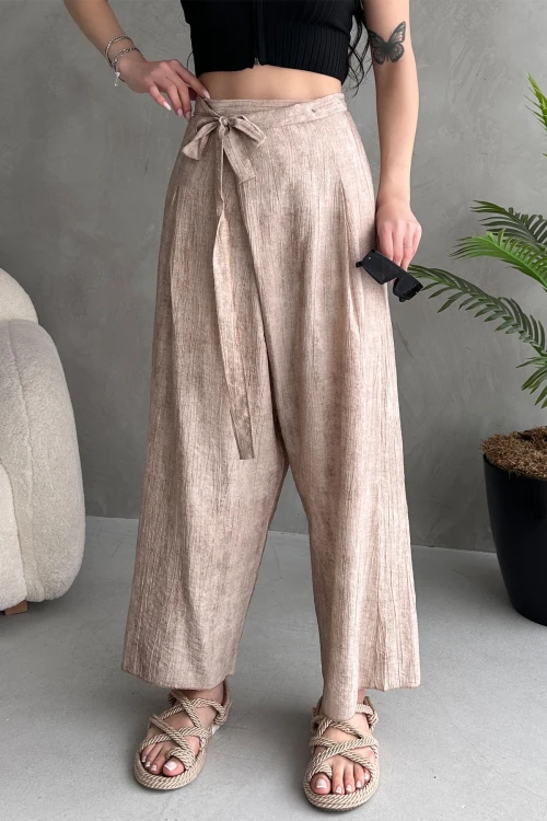 Bej Bağlamalı Anvelop Kesim Salaş Keten Dokuma Pantolon BCDF-251108