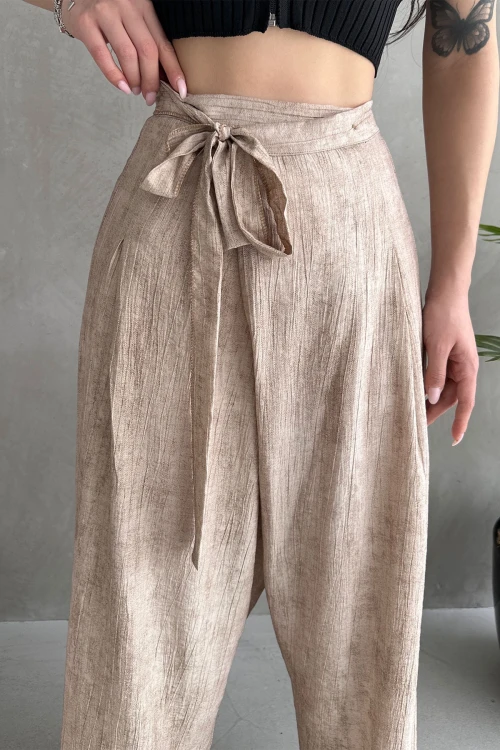 Bej Bağlamalı Anvelop Kesim Salaş Keten Dokuma Pantolon BCDF-251108