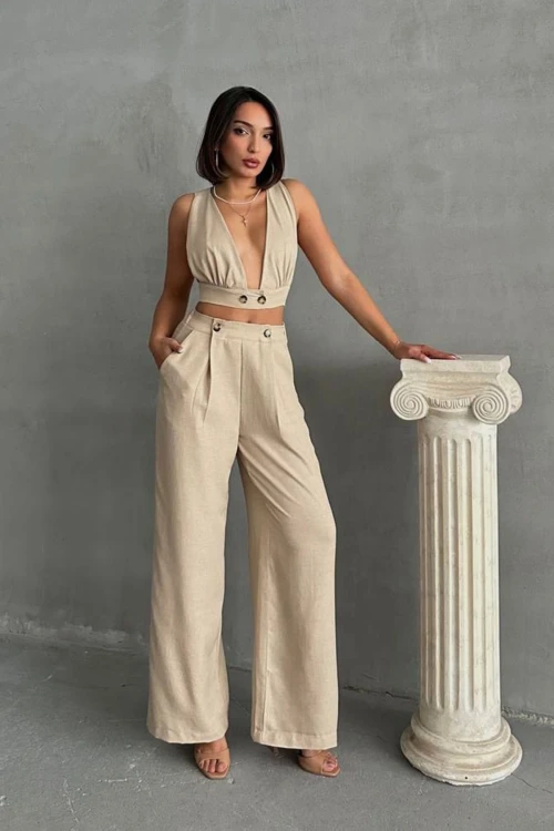 Bej Dekolteli Crop Bluz Ve Pantolonlu Keten Dokuma Alt Üst Takım BCHN-25255012