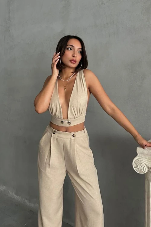 Bej Dekolteli Crop Bluz Ve Pantolonlu Keten Dokuma Alt Üst Takım BCHN-25255012