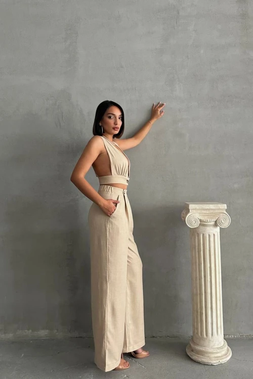 Bej Dekolteli Crop Bluz Ve Pantolonlu Keten Dokuma Alt Üst Takım BCHN-25255012