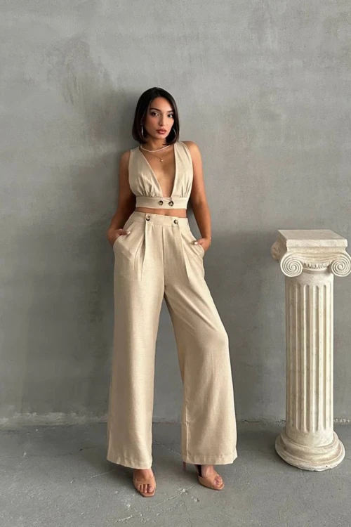Bej Dekolteli Crop Bluz Ve Pantolonlu Keten Dokuma Alt Üst Takım BCHN-25255012
