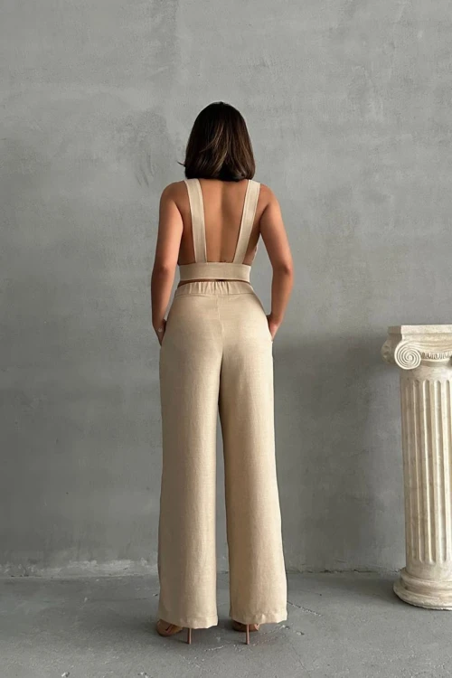 Bej Dekolteli Crop Bluz Ve Pantolonlu Keten Dokuma Alt Üst Takım BCHN-25255012