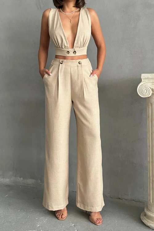 Bej Dekolteli Crop Bluz Ve Pantolonlu Keten Dokuma Alt Üst Takım BCHN-25255012