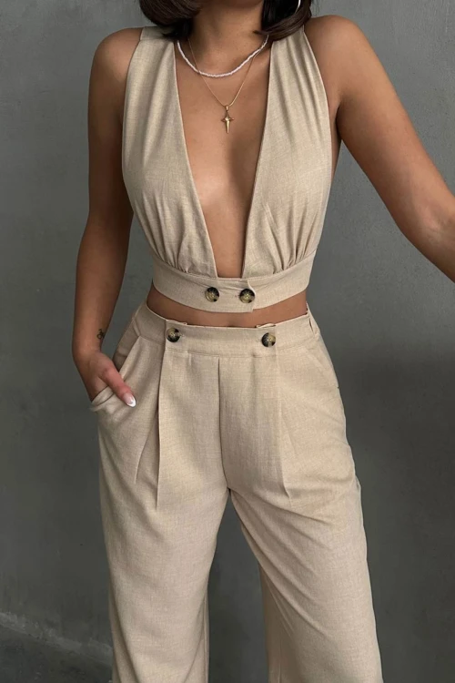 Bej Dekolteli Crop Bluz Ve Pantolonlu Keten Dokuma Alt Üst Takım BCHN-25255012