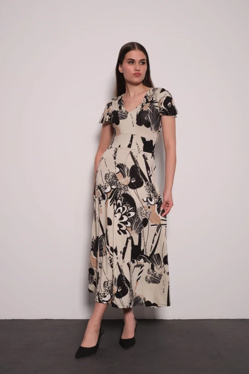 Bej Desenli V Yaka Belden Oturtmalı Viscon Yumuşak Dokulu Elbise BCVS-252001