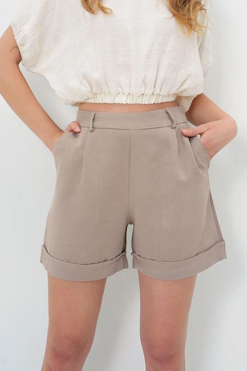 Bej Duble Paça Gizli Fermuarlı Yazlık Keten Dokuma Şort BCIR-251002