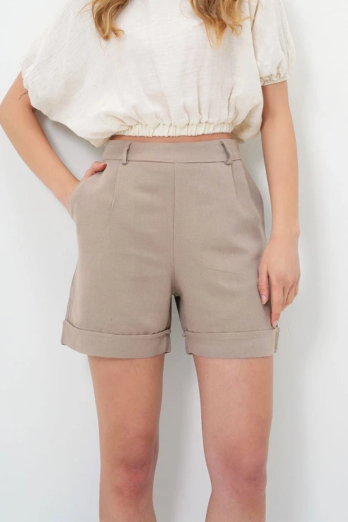 Bej Duble Paça Gizli Fermuarlı Yazlık Keten Dokuma Şort BCIR-251002