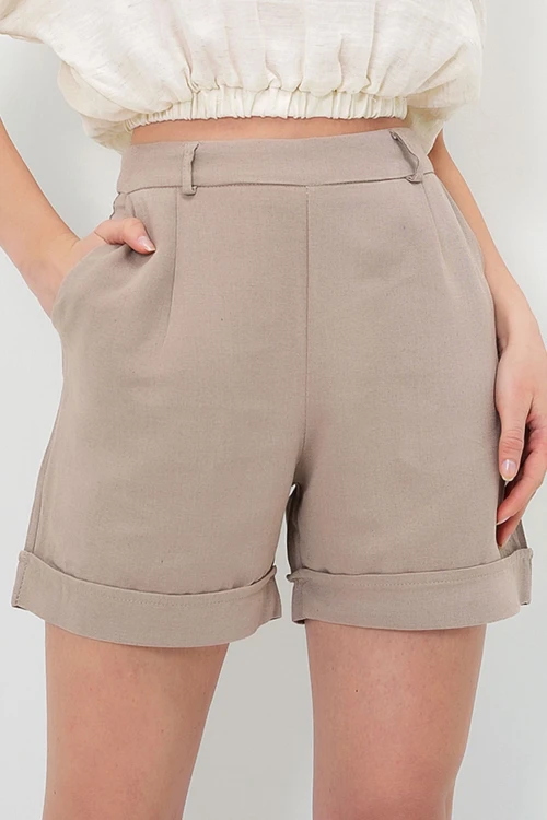 Bej Duble Paça Gizli Fermuarlı Yazlık Keten Dokuma Şort BCIR-251002