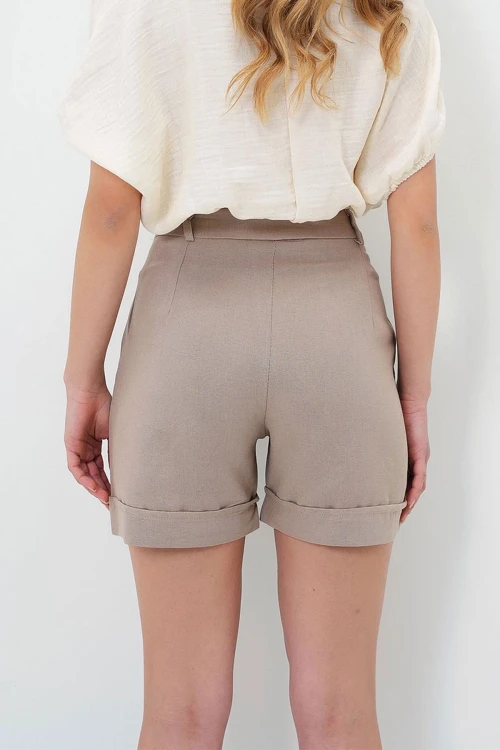 Bej Duble Paça Gizli Fermuarlı Yazlık Keten Dokuma Şort BCIR-251002
