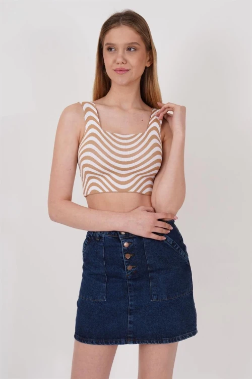 Bej Kare Yaka Desenli Triko Bluz CO-2523256429