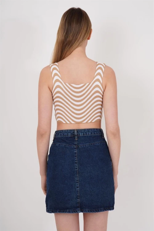 Bej Kare Yaka Desenli Triko Bluz CO-2523256429