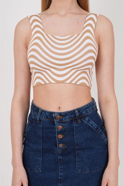 Bej Kare Yaka Desenli Triko Bluz CO-2523256429