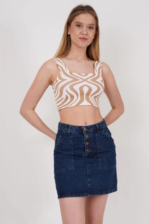 Bej Kare Yaka Desenli Triko Bluz CO-2523256430