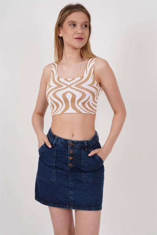 Bej Kare Yaka Desenli Triko Bluz CO-2523256430