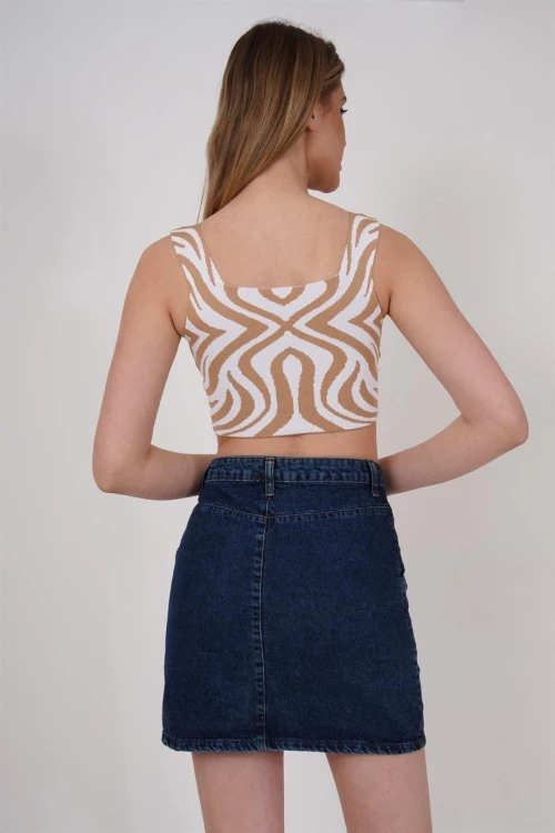 Bej Kare Yaka Desenli Triko Bluz CO-2523256430