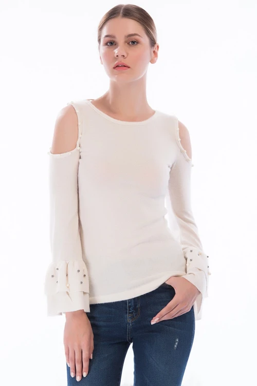 Bej Omuzu Açık Kolu Çift Volanlı İncili Yumoş Bluz CO-258360996
