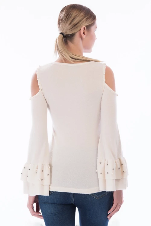 Bej Omuzu Açık Kolu Çift Volanlı İncili Yumoş Bluz CO-258360996