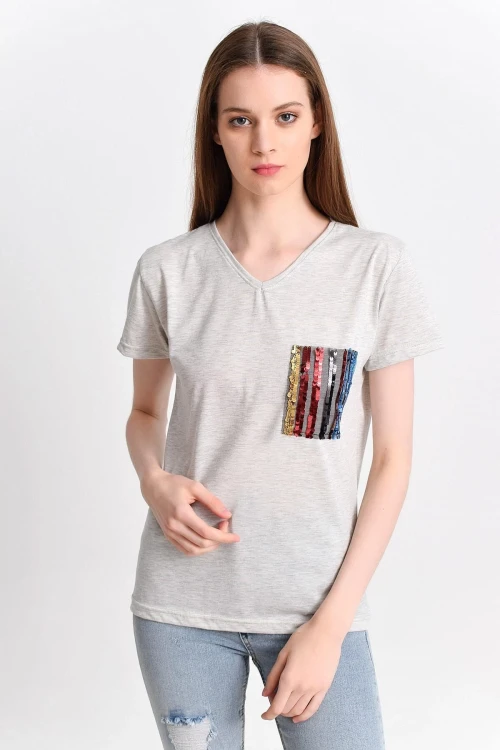 Bej Payet Cepli Kısa Kol V Yaka Bluz CO-259282830