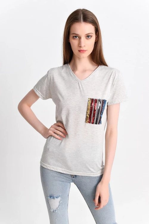 Bej Payet Cepli Kısa Kol V Yaka Bluz CO-259282830