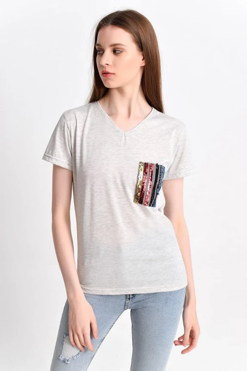 Bej Payet Cepli Kısa Kol V Yaka Bluz CO-259282830