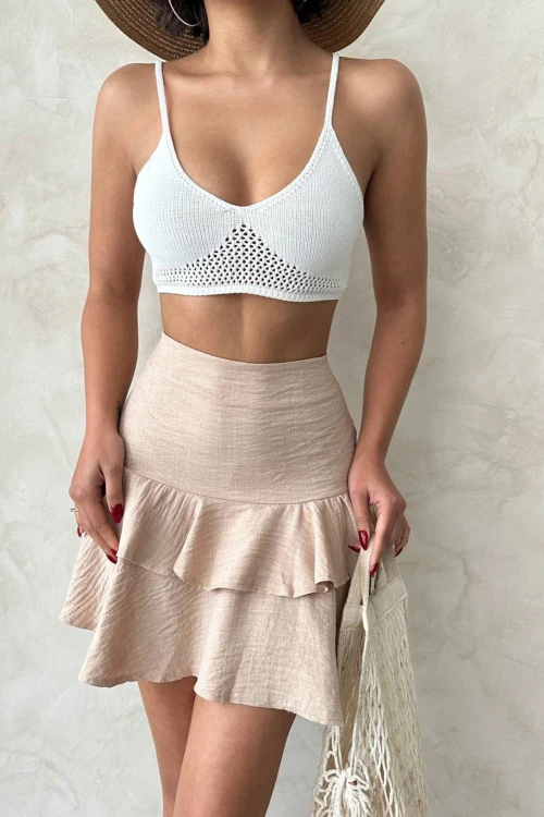 Bej Yüksek Bel Eteği Fırfırlı Dokuma Etek BCHN-2525681