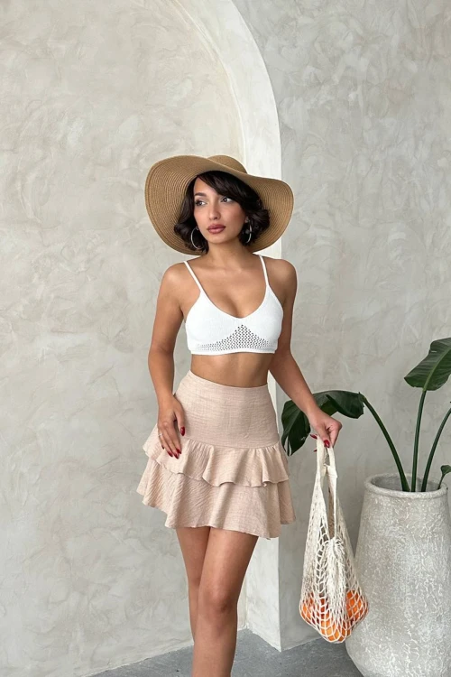 Bej Yüksek Bel Eteği Fırfırlı Dokuma Etek BCHN-2525681