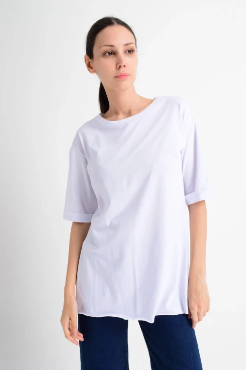 Beyaz Duble Kol Salaş Pamuklu Tişört CO-259181519