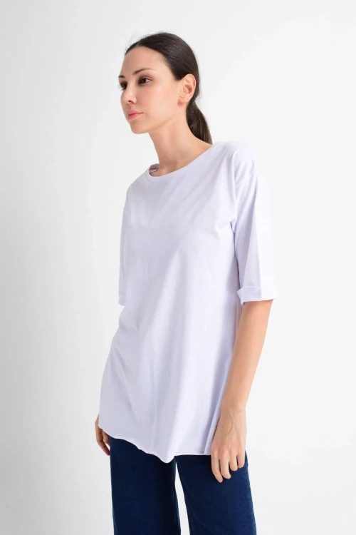 Beyaz Duble Kol Salaş Pamuklu Tişört CO-259181519