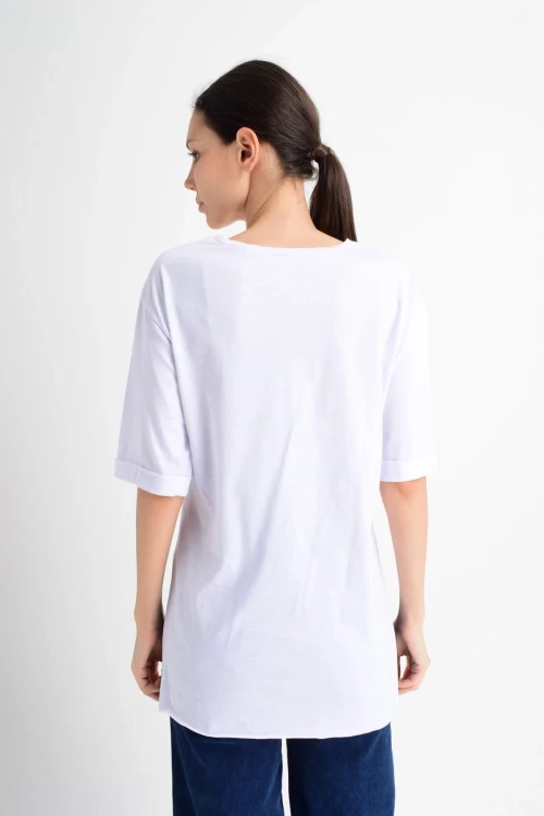 Beyaz Duble Kol Salaş Pamuklu Tişört CO-259181519