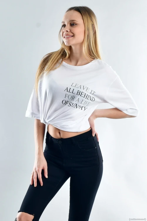Beyaz Leave It Taş Baskılı Kısa Kol Tişört CO-2520021930