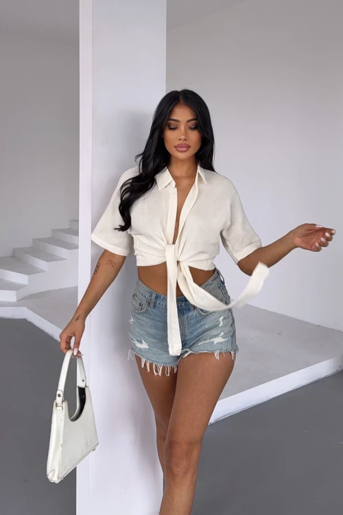 Beyaz Müslin Keten Bağlamalı Bluz BCBT-251000