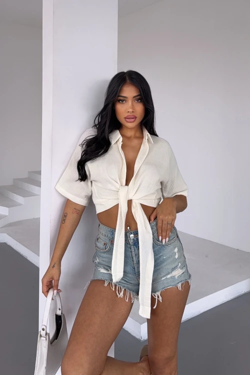 Beyaz Müslin Keten Bağlamalı Bluz BCBT-251000