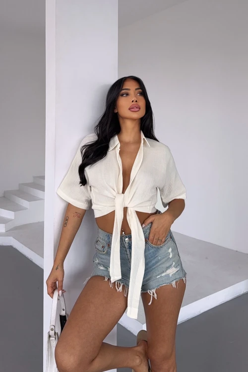 Beyaz Müslin Keten Bağlamalı Bluz BCBT-251000