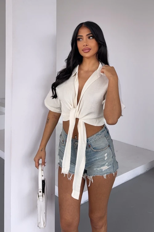 Beyaz Müslin Keten Bağlamalı Bluz BCBT-251000