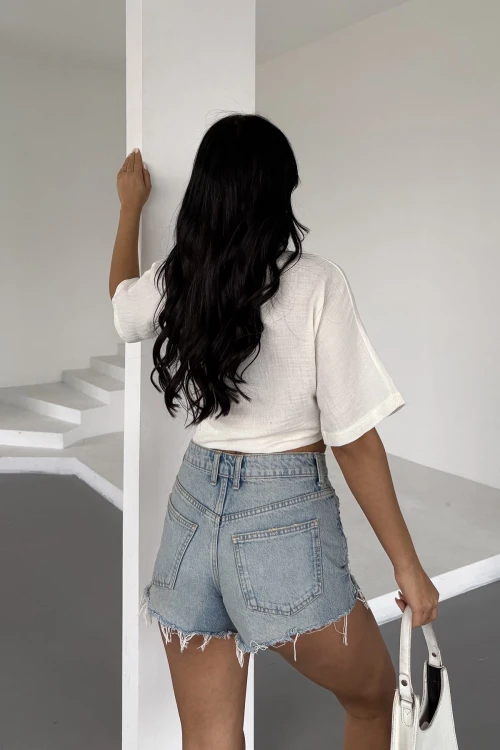 Beyaz Müslin Keten Bağlamalı Bluz BCBT-251000