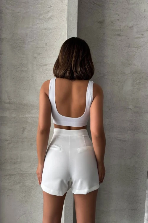 Beyaz Piliseli Dokuma Şort Etek BCHN-25813