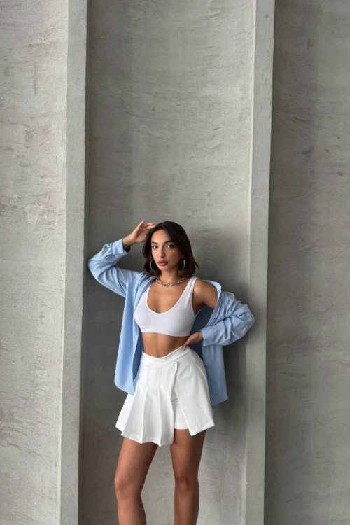 Beyaz Piliseli Dokuma Şort Etek BCHN-25813