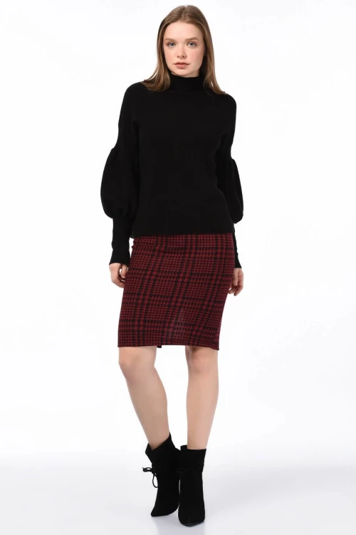 Bordo Beli Lastikli Yırtmaçlı Kalem Etek CO-258515175