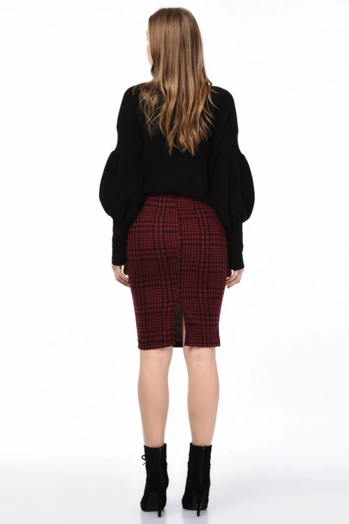 Bordo Beli Lastikli Yırtmaçlı Kalem Etek CO-258515175