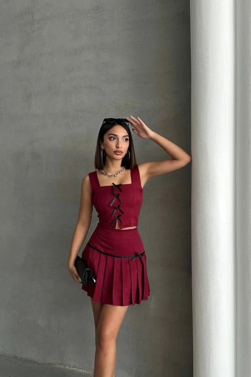 Bordo Fiyonk Detaylı Bluz Ve Pileli Etek Alt Üst Takım BCHN-25255015