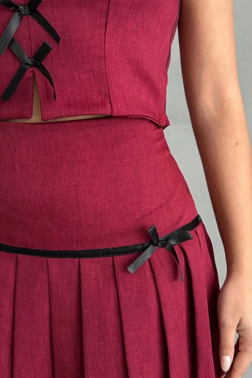 Bordo Fiyonk Detaylı Bluz Ve Pileli Etek Alt Üst Takım BCHN-25255015