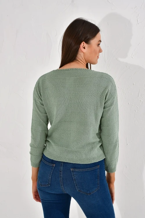 Çağla Yeşili V Yaka Çizgili Triko Bluz