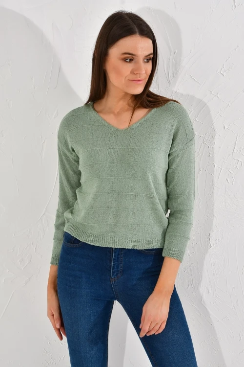 Çağla Yeşili V Yaka Çizgili Triko Bluz