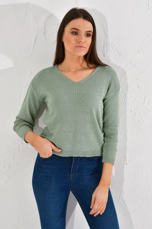 Çağla Yeşili V Yaka Çizgili Triko Bluz