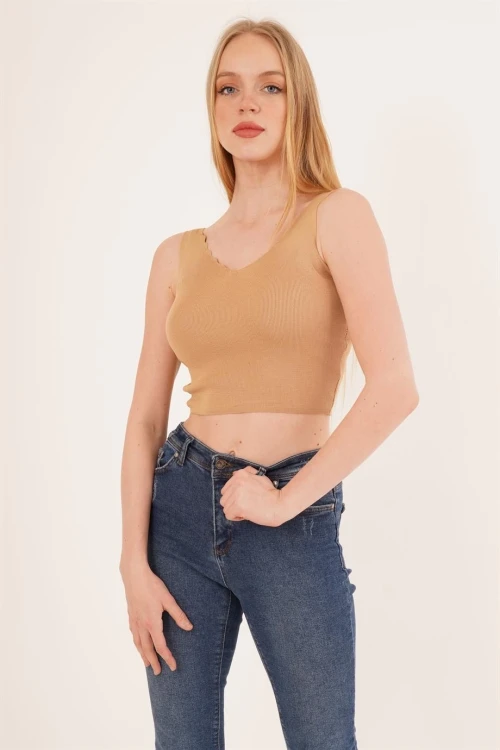 Camel Merdiven Yaka Triko Bluz CO-2523256336