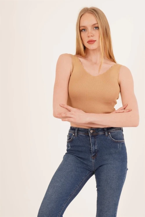 Camel Merdiven Yaka Triko Bluz CO-2523256336