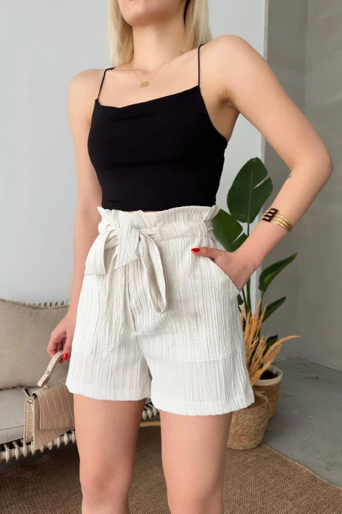 Ekru Beli Büzgülü Kuşak Detaylı Lastikli Şort BCHN-2525265